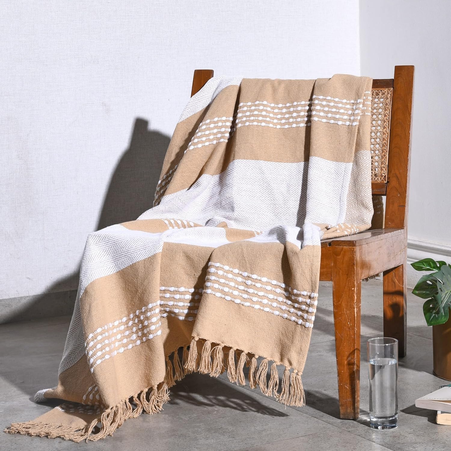 Folkulture 50 X 60" Throws 100% Recycled Cotton Herringbone  - Beige