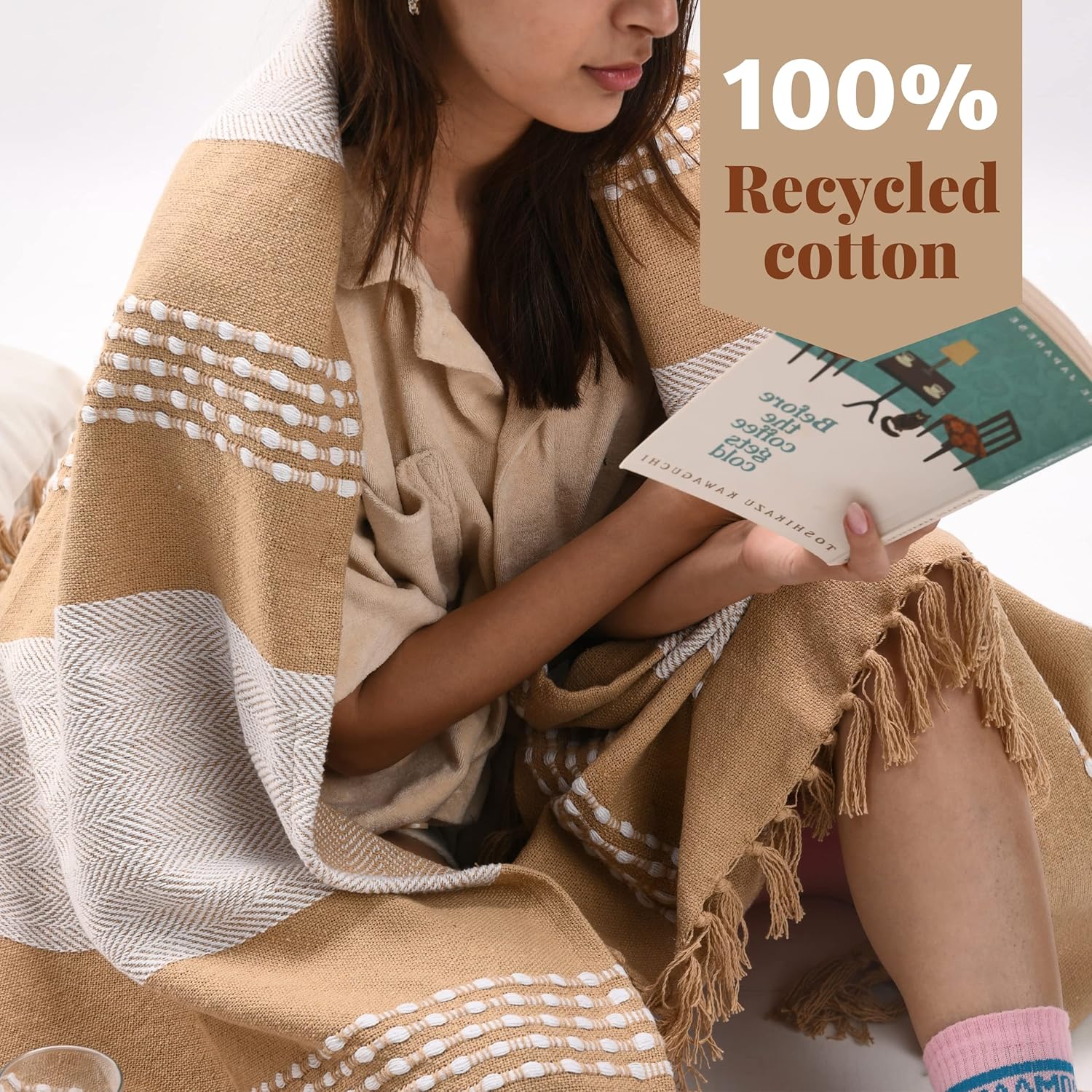 Folkulture 50 X 60" Throws 100% Recycled Cotton Herringbone  - Beige