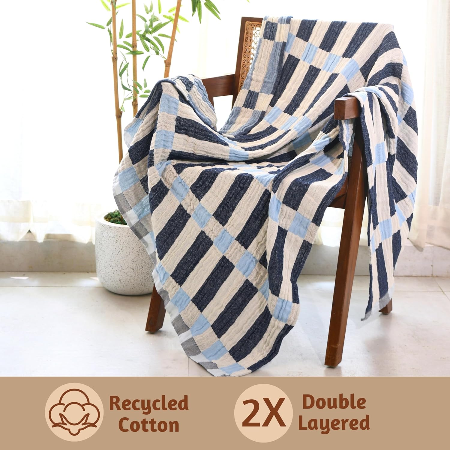 Folkulture 50 X 60" Throws 100% Recycled Cotton Stripe Block - Winter Blue