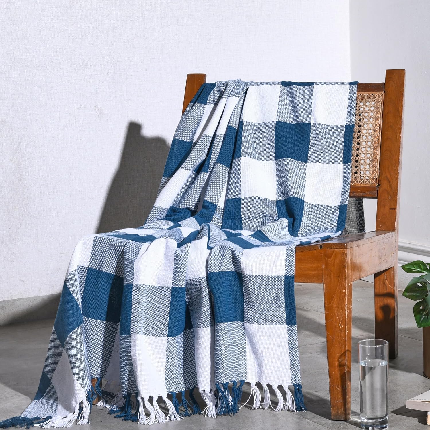 Folkulture 50 X 60" Throws 100% Recycled Cotton Checkered  - Peacock Blue