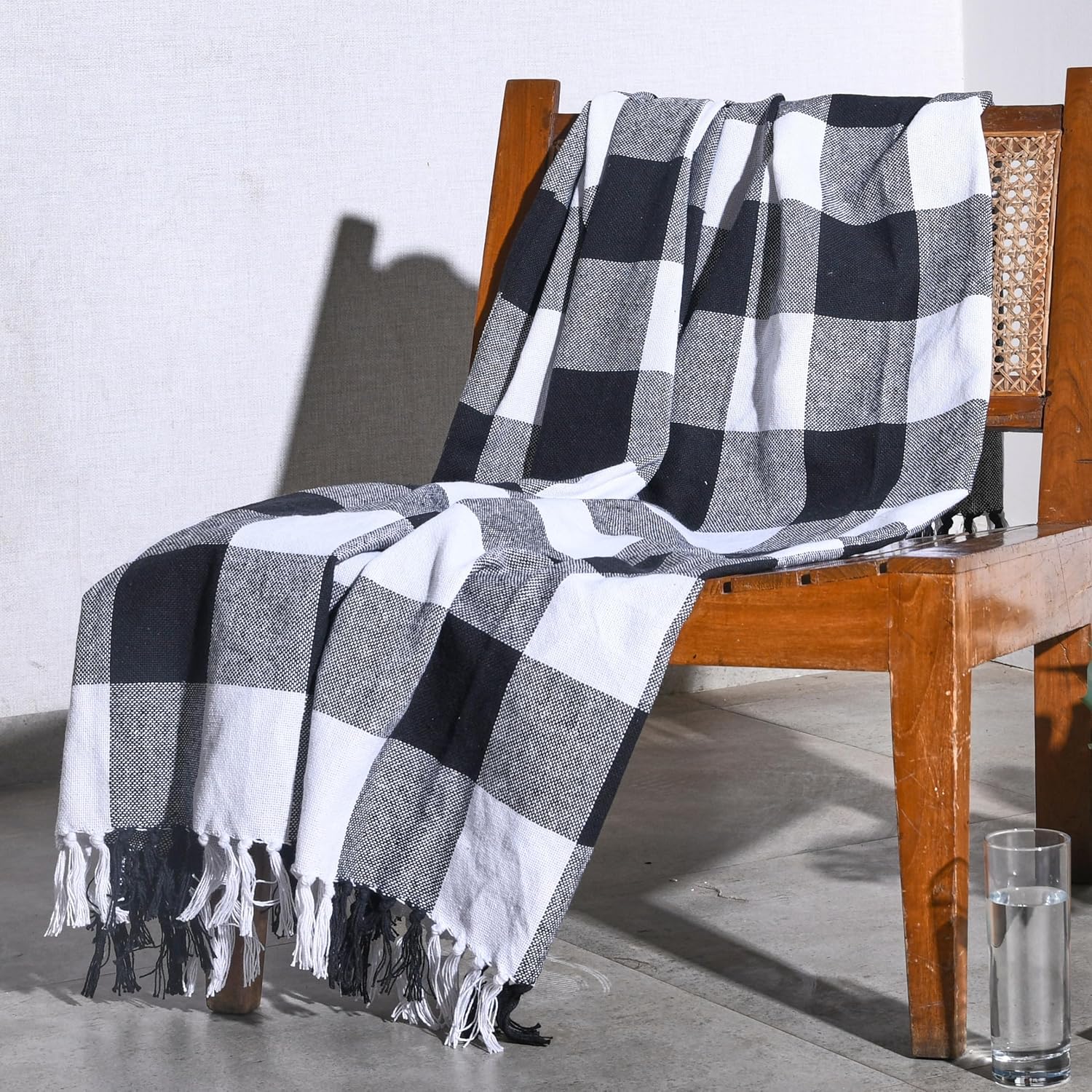 Folkulture 50 X 60" Throws 100% Recycled Cotton Checkered  - Black