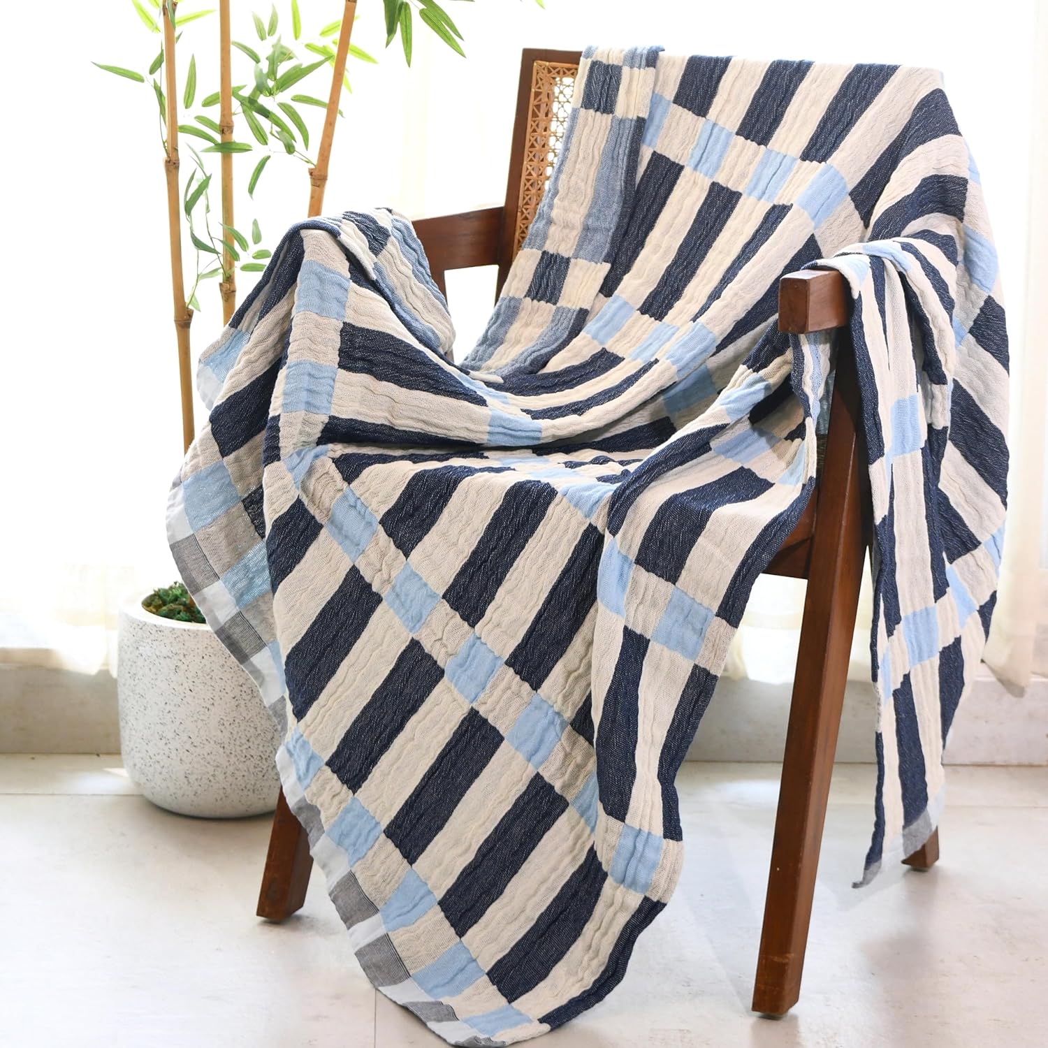 Folkulture 50 X 60" Throws 100% Recycled Cotton Stripe Block - Winter Blue