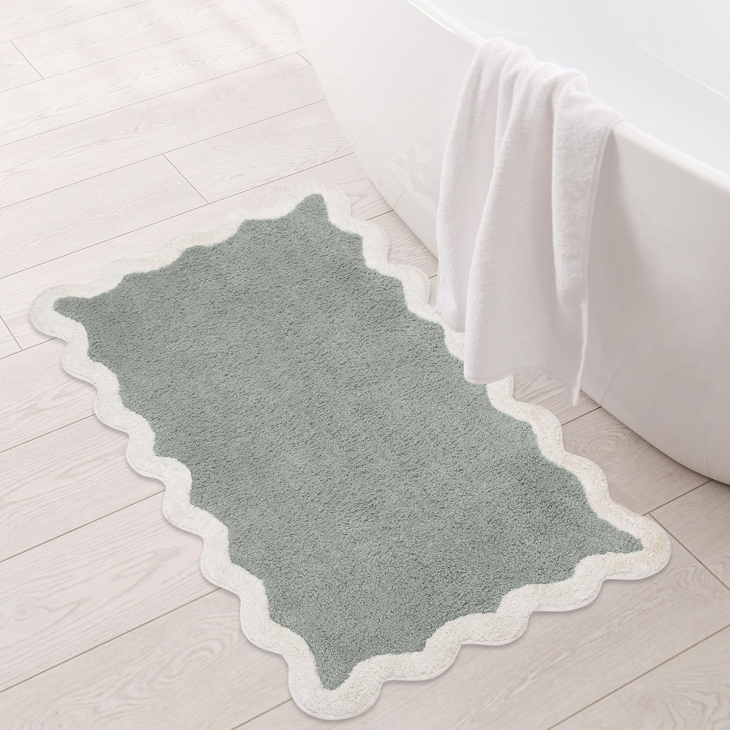 Folkulture 20 X 32" Scallop Bathrugs 100% Cotton Forest Sage