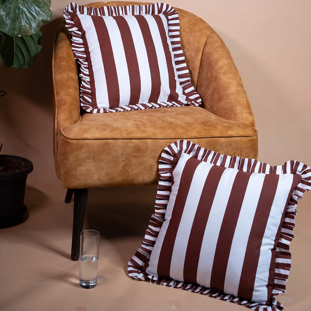 Folkulture 18 X 18" Set of 2 Cushion Cover Ruffle Stripes Printed - Espresso