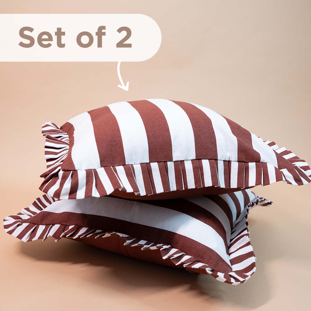 Folkulture 18 X 18" Set of 2 Cushion Cover Ruffle Stripes Printed - Espresso